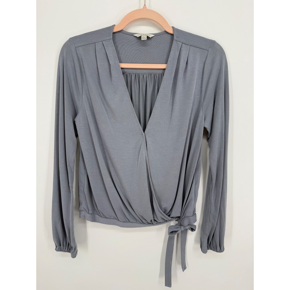 Lucky Brand Wrap Blouse Women XS Blue Gray Side Tie Long Sleeve V-Neck Top Modal
